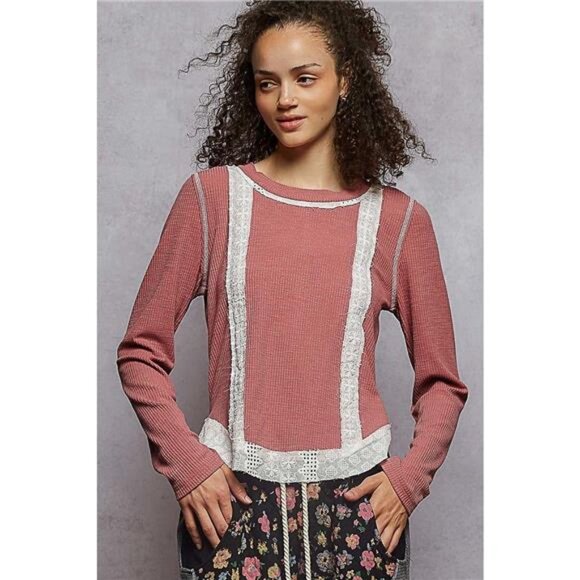 POL Contrast Round Neck Long Sleeve Ribbed Top with Eyelet Patch - Picture 1 of 5